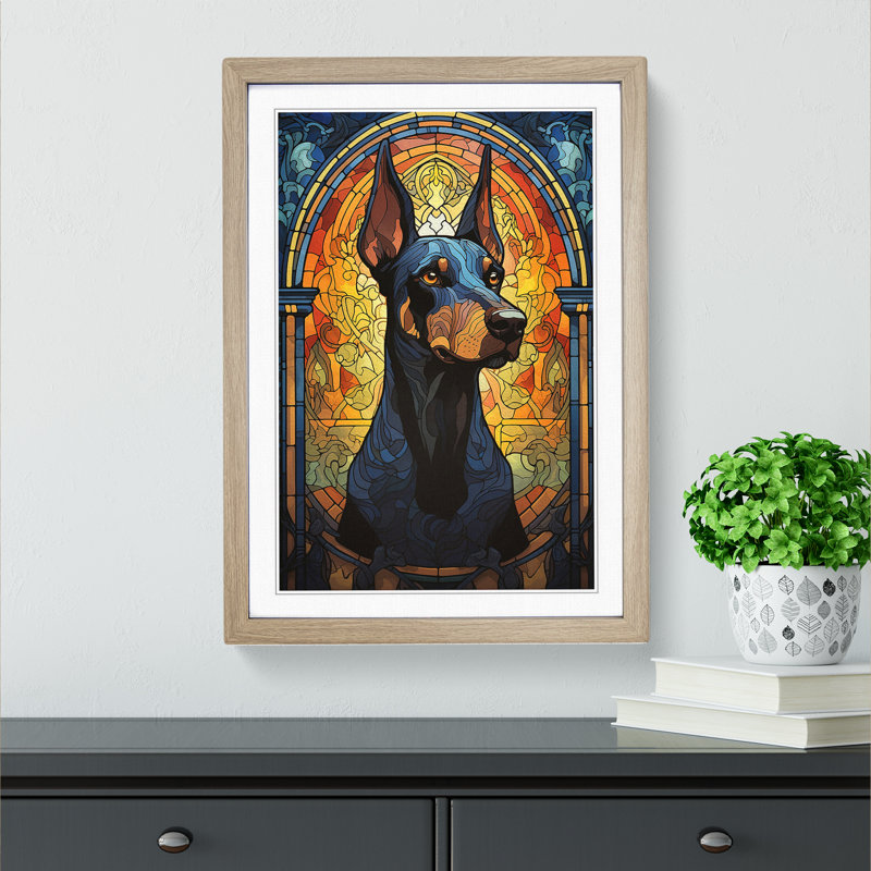 Doberman Nouveau - Single Picture Frame Print on Wood, Oak Framed, 34cm H x 25cm W