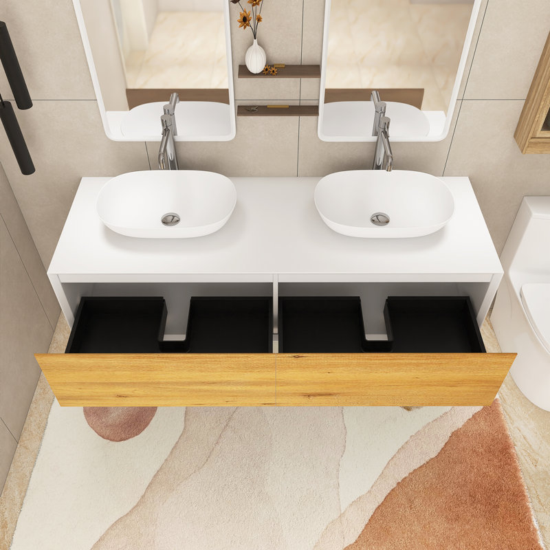 63 In. W X 21.7 In. D X 15.7 In. H Double Sinks Wall Mounted Bath Vanity In F.Oak With White Solid Surface Top