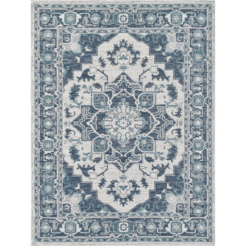 Dahlia Medallion Machine Woven Performance Area Rug - Ivory/Blue - 6'7" x 9', 6'7" x 9'