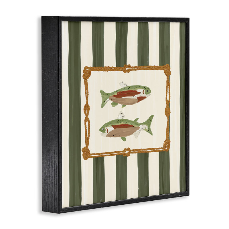 «Gone Fishing Green Stripes», estampe numérique, design par Veronica Lara, H 12 po x l 12 po, Giclée encadrée noir minuit