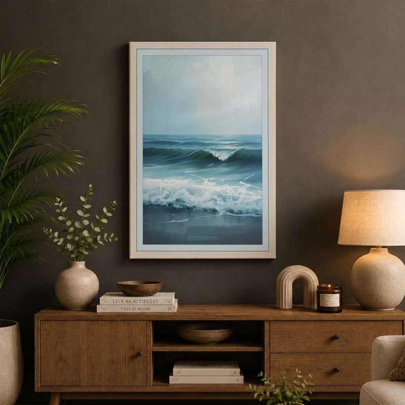 Waves at Dusk Coastal - Wrapped Canvas, 18x12 - 45.7 x 30.5 cm, Sage Border
