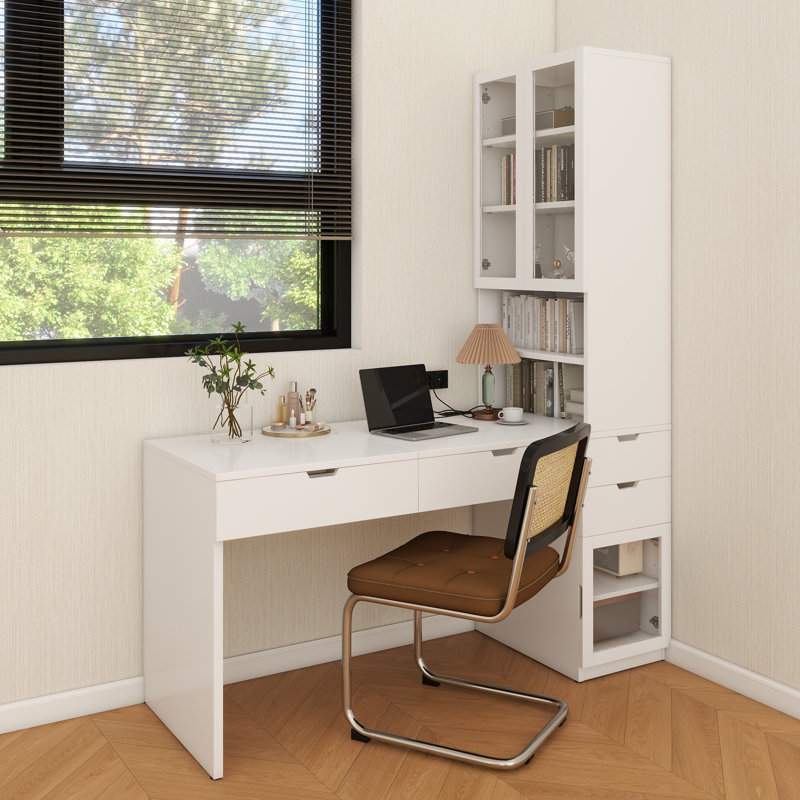Meuble-lavabo polyvalent avec miroir et station de charge, coiffeuse avec 8 compartiments de rangement cachés, bureau d'ordinateur à 3 tiroirs, 2 armoires et tablettes ouvertes, bureau personnel, blanc