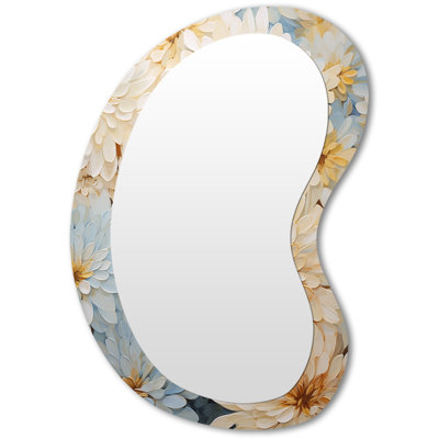 Virenque Garden Bliss Mums In Soft Colors I - Mums Irregular Shape Mirror, Beige Asymmetrical Decorative Wall Mirror, Printed Metal Art