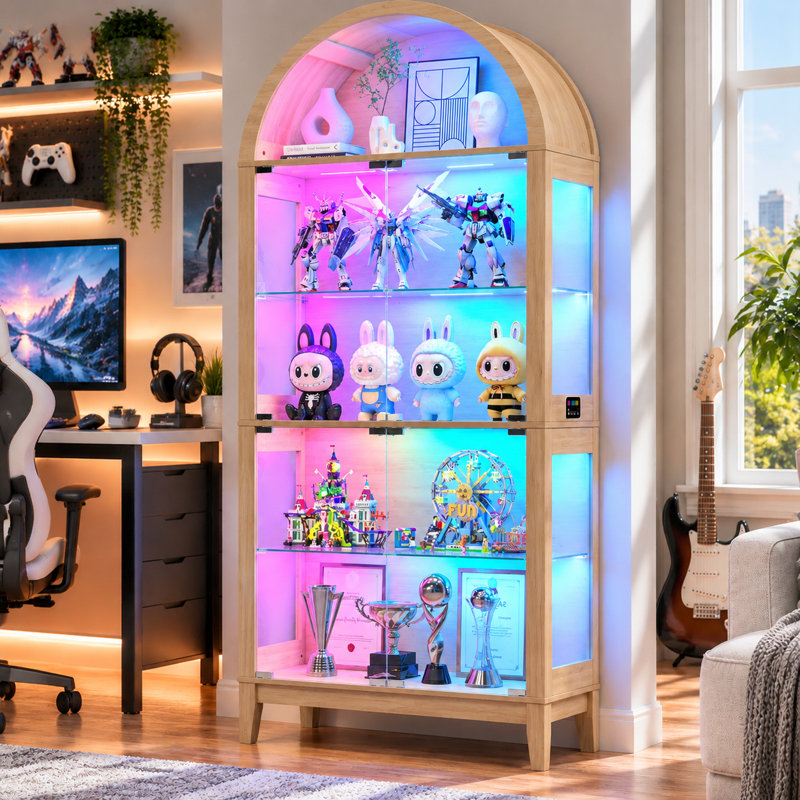 Bibliothèque moderne arquée avec portes en verre trempé et éclairage à DEL RVB contrôlé par une application - vitrine à 5 niveaux