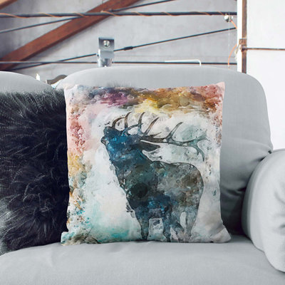 A Deer Stag Silhouette In Abstract Square Throw Cushion