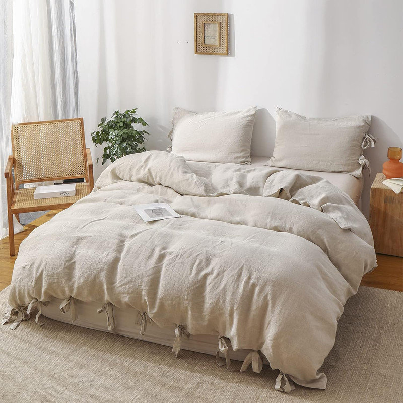 100% Linen Duvet Cover Set, 3 Pieces Belgian Flax Breathable Bedding,  (1 Comforter Cover+2 Pillowshams) With Tie Closure Style