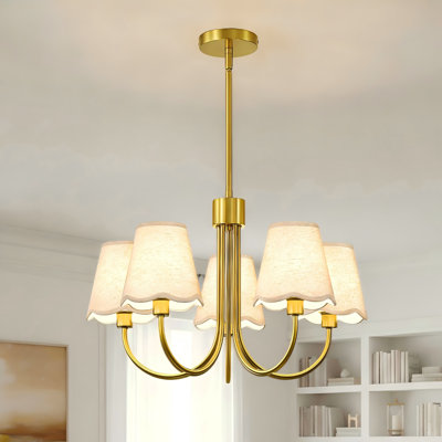 Lustre moderne à 5 lumières avec abat-jour en lin, métal doré brossé