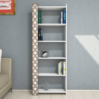 Modern White Bookshelf, 64.0 x 67.0 x 9.5 Inches | 100% Melamine Coated Particle Board, 0.7 Inches Thick | Wall-Mountable Design with Numerous Shelves | Stylish & Geometric for Home & Office Use