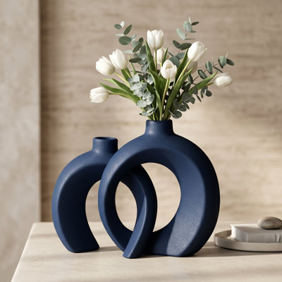 Ensemble de 2 vases en céramique en forme de beigne bleu marine mat, décor de bord de mer moderne pour salon, table basse, bibliothèque, étagère, console, manteau de cheminée