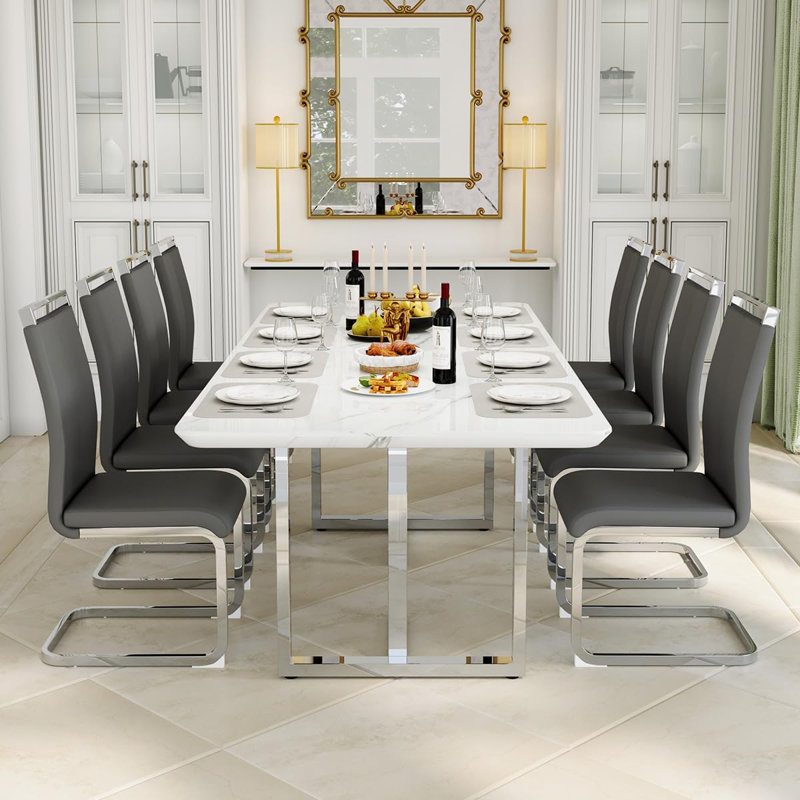 Ensemble de table de salle à manger blanc pour 8 personnes, ensemble de table de salle à manger de 78,7 po avec pieds chromés, ensemble de table et chaises de cuisine moderne pour 8 personnes, salle à manger ultrabrillante et robuste