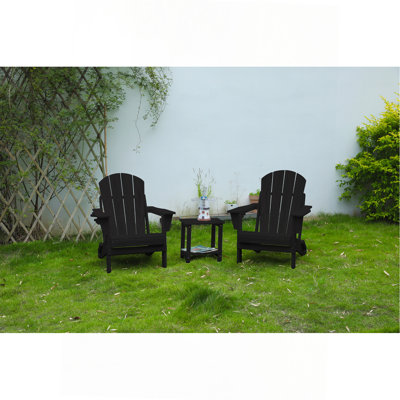 Folding Adirondack Chair With Side Table, 3-Piece Adirondack Chair Set With Wood Texture, Black(Includes 2 Chairs And 1 Table)