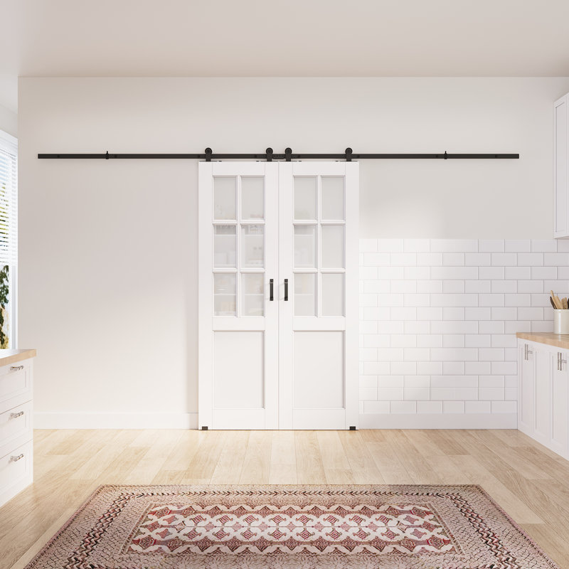 2 x 24 po x 80 po, surface de dalle blanche préfinie de 6 po avec toute la quincaillerie de porte de grange, 48 po x 80 po