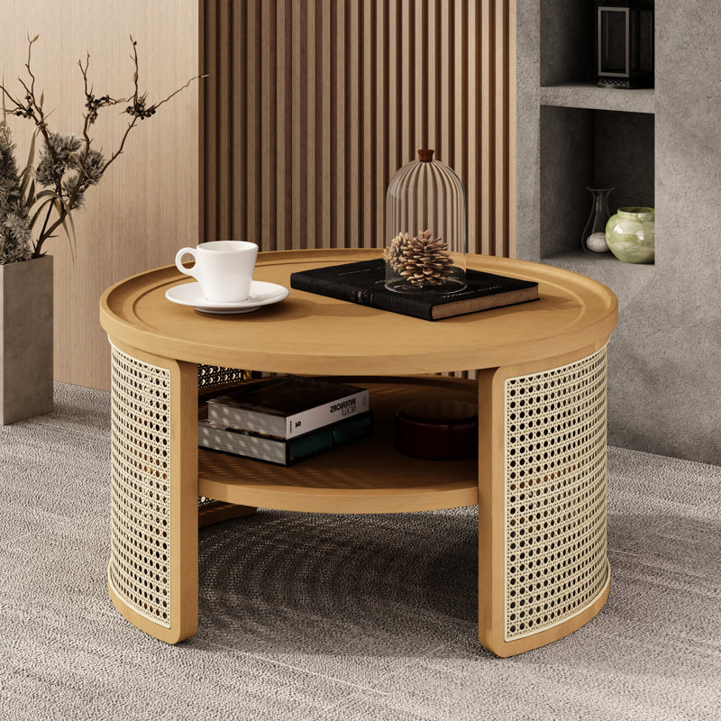 Table basse à 2 niveaux en bois naturel et ambiance chaleureuse de 31,3 po, rangement pratique avec base de style surface, rangement généreux, structure, dispositif de protection à bord arrondi