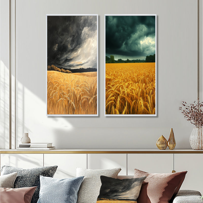 «Countryside Golden Wheat Under Storm Clouds I», collection d'art sur toile 2 panneaux, H 40 po x l 41 po