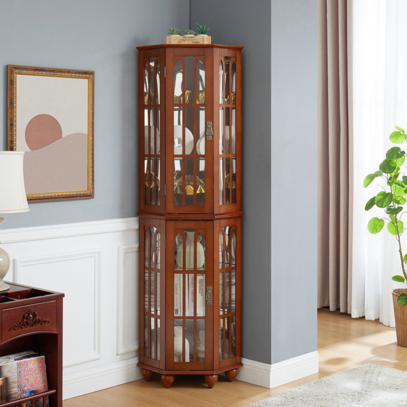 Vitrine de coin en bois massif avec tablettes en verre trempé et tablettes réglables, Walnut