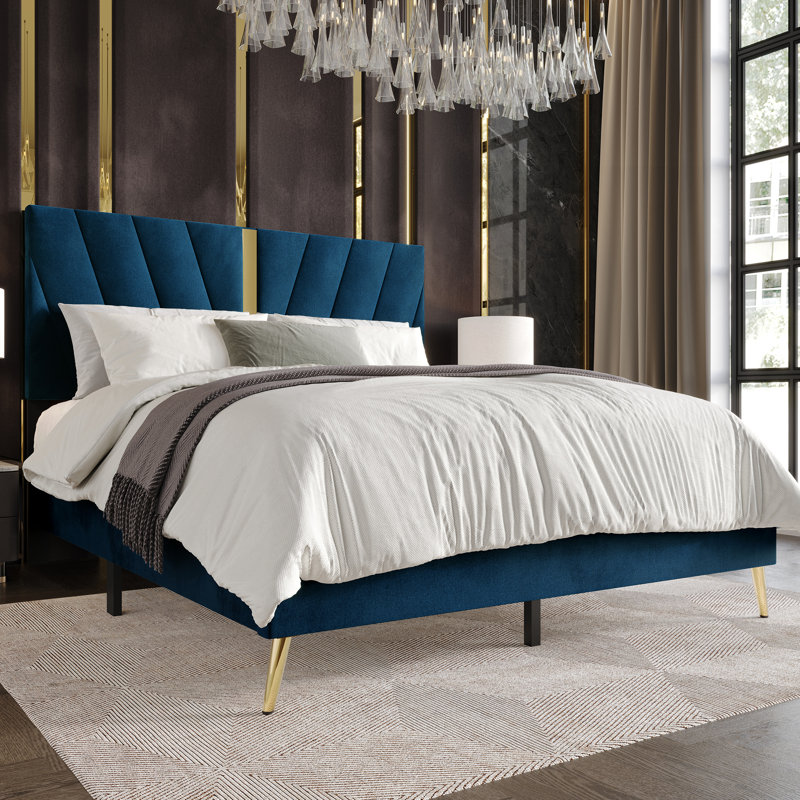 Lit plateforme tapissier Amapola, Double, Bleu marine