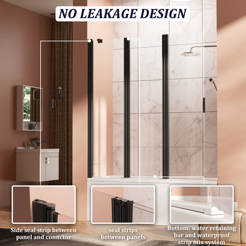  Free-folding Bathtub Tri-fold Tempered Glass Door - No Assembly Needed, Easy to Install, 51"