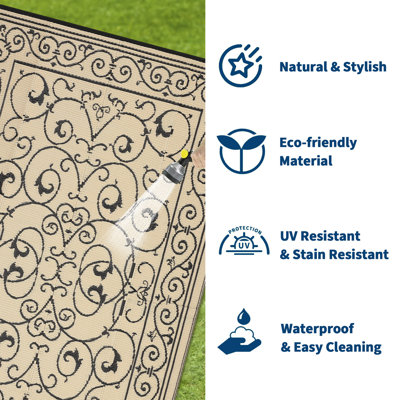 Reversible Outdoor Rug Modern UV Resistant Waterproof Plastic Patio Carpet Easy to Clean, Durable Design - Large Mat for Garden, Lawn, Patio, Porch
