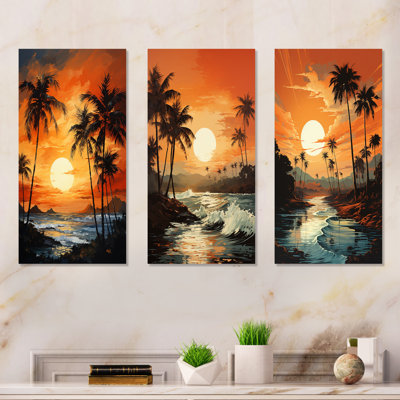 Tangerine Twilight Tropical Tranquility Sunset - Palms & Palm Trees Metal Wall Decor Set Of 3