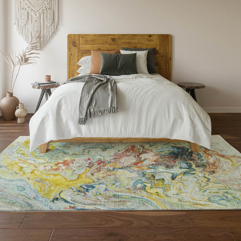 Ivory Abstract Washable Synthetic 5' x 7' Rug