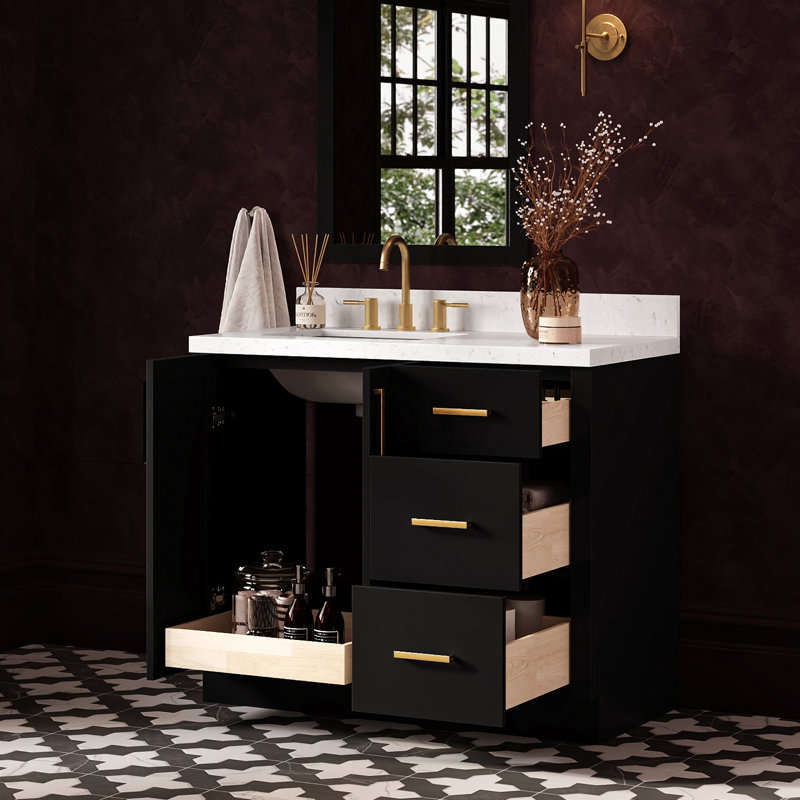 Meuble-lavabo rectangulaire simple décalé à gauche de 42 pouces avec comptoir en quartz blanc de Carrare de 1,5 pouce d'épaisseur, finition noire.