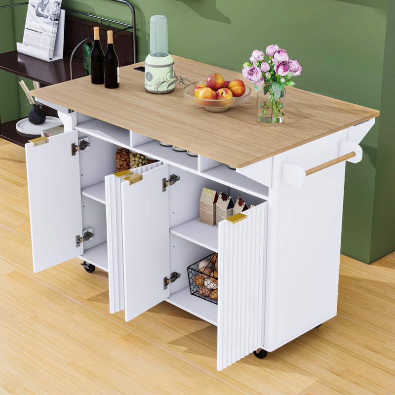 Kitchen Island with 2 Drop Leaf, Power Outlet, 4 Doors ang Spice rack, White