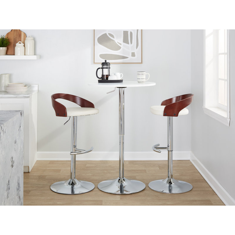 Tabouret de bar réglable avec pivot, Noyer / Chrome, Blanc / similicuir