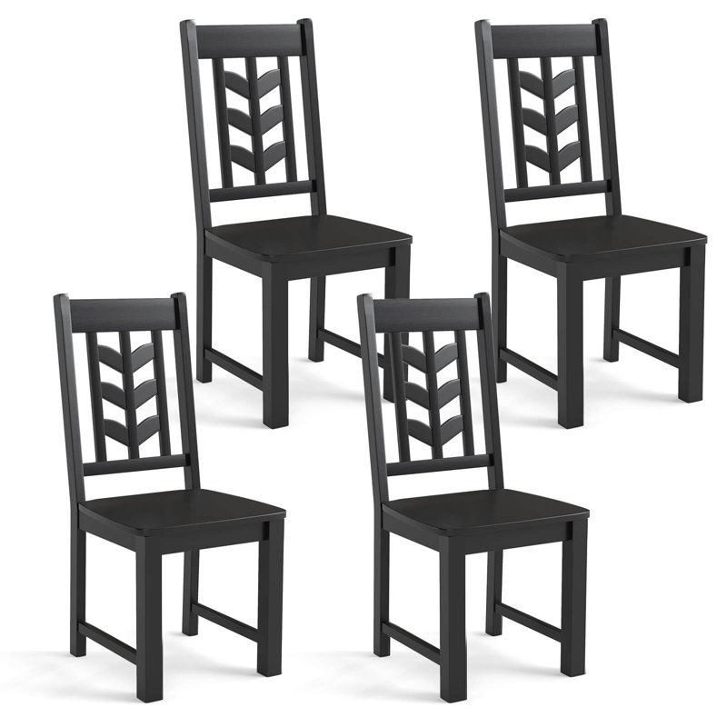 Dining Chair Set Of 4 With Rubber Wood Frame & Leaf-shape High Back For Kitchen, 4, Black