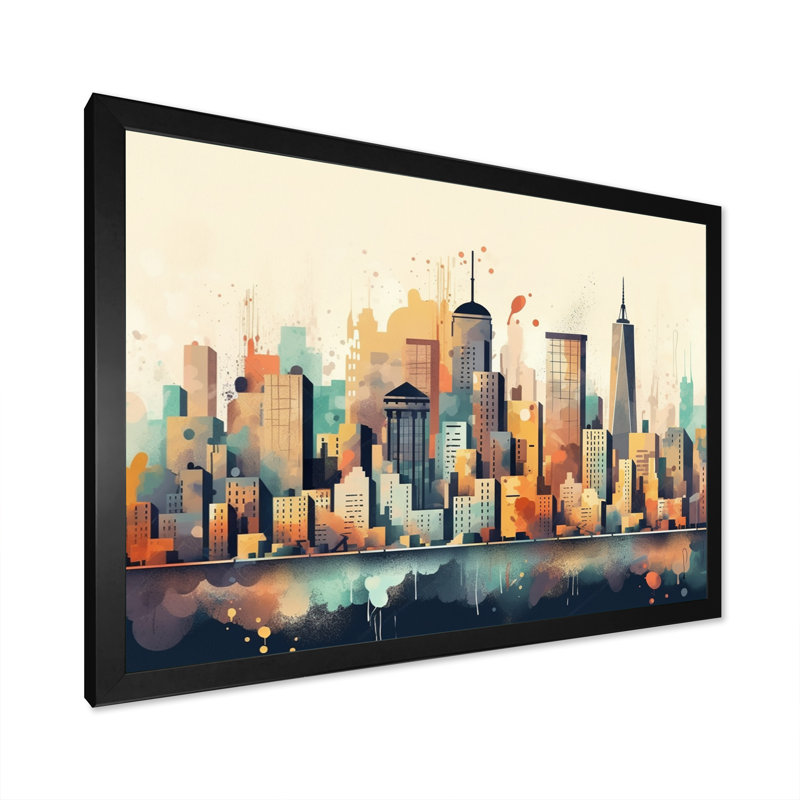 Colorful City Skyline2 - salon d'art mural urbain, H 12 po x l 20 po x P 1 po, Impression noire sur toile encadrée