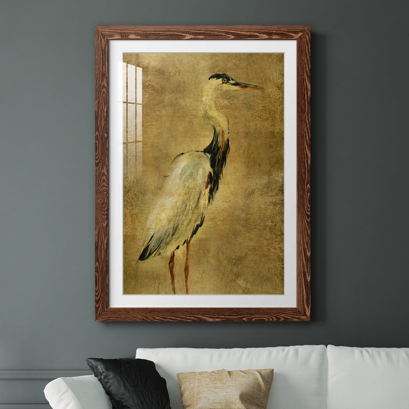 Gold Crane at Dusk I - impression, H 24 po x l 18 po x P 1,5 po, Papier avec cadre érable