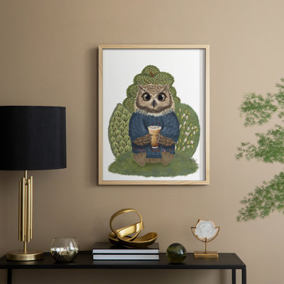 Latte Owl in Sweater Framed Print - Solid Wood