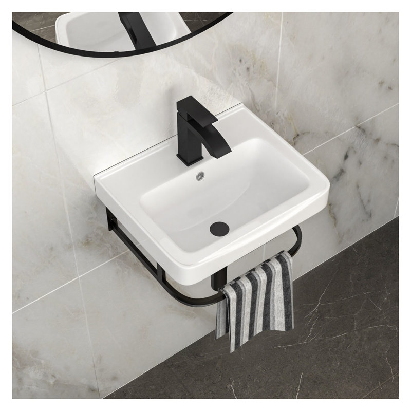 Lavabo mural rectangulaire en céramique de 43 x 36 cm avec porte-serviettes noir intégré et trop-plein