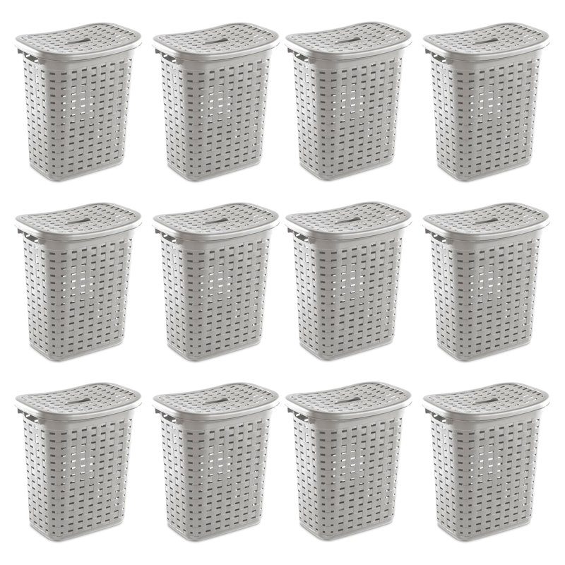 Sterilite Plastic Weave Laundry Hamper Slim Clothes Lidded Basket, Gray, 12-Pack