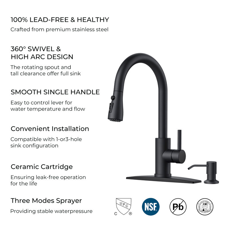FURUISI Pull Down Single Handle Kitchen Faucet with Soap Dispenser, Matte Black