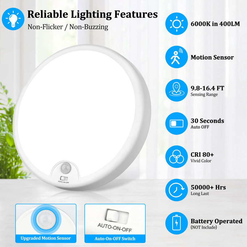 2-Pack Battery Operated Motion Sensor LED Ceiling Light, 7.2Inch Flush Mount Light Fixture 6000K
