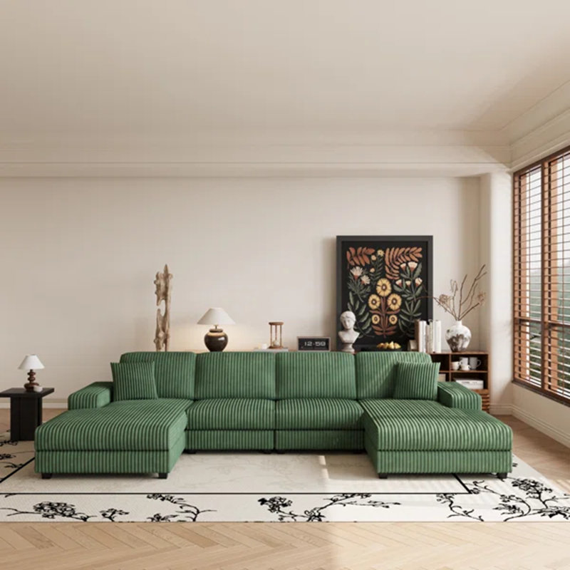 Canapé convertible en forme de U avec accoudoirs carrés et compartiments de rangement intégrés, Velours côtelé vert