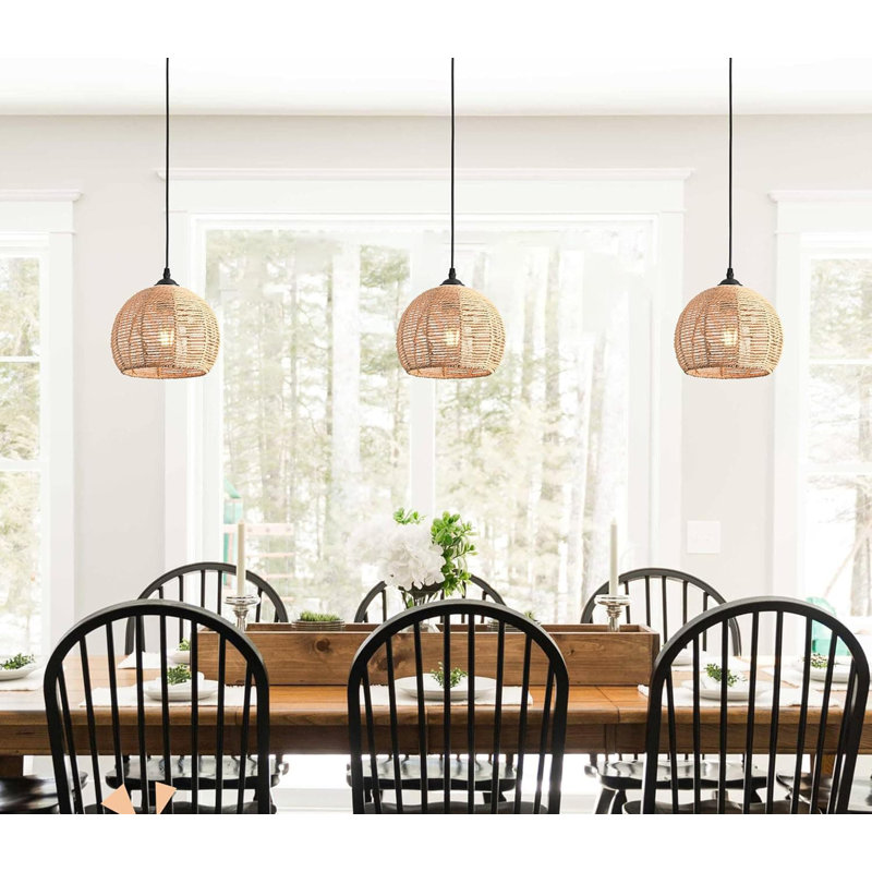 3-Pack Natural Wicker Pendant Lights - Boho Rustic Farmhouse Dome Chandeliers, Rattan Hanging Fixtures for Dining Room & Kitchen Island (Bulb Included)