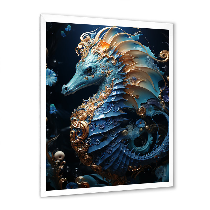 Sapphire Seahorse Delicate Drips II - animaux, impressions sur toile, L 12 po x H 20 po, Cadre photo blanc