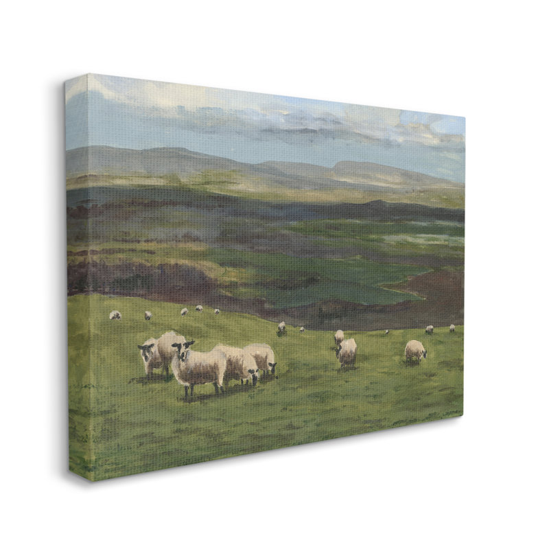 Troupeau de moutons broutant sur toile, H 16 po x l 20 po x P 1,5 po