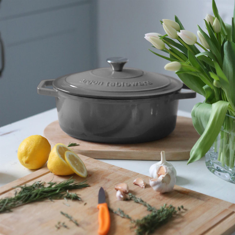 Argon Tableware - Oval Cast Iron Casserole Dishes, Grey