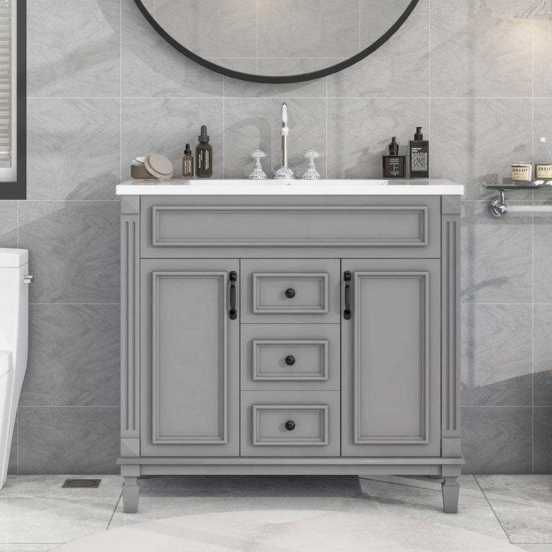 Bathroom Vanity with Ceramic Sink, 2 Soft Closing Doors and 2 Drawers, Grey, Black