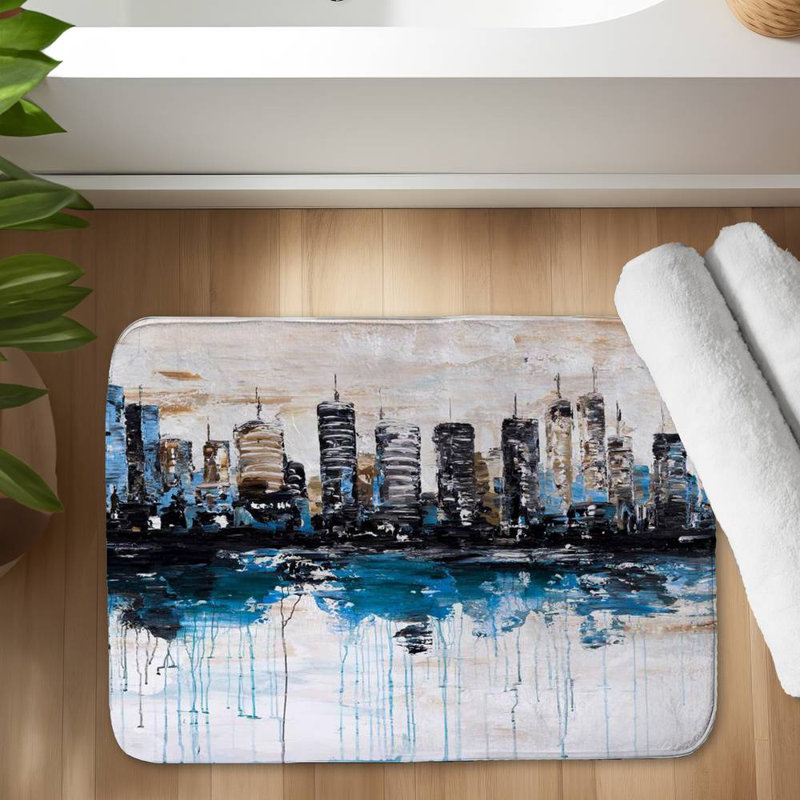 Abstract city with reflection on water Bath Mat with Non-Slip Backing - Quick Dry Memory Foam Bathroom Rug - Absorbent - Modern Plush Spa-Style - Machine Washable