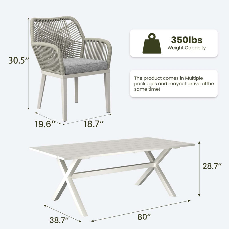 Ensemble repas d'extérieur 7 pièces avec table de salle à manger rectangulaire et 6 chaises, Gris clair, 6, Blanc