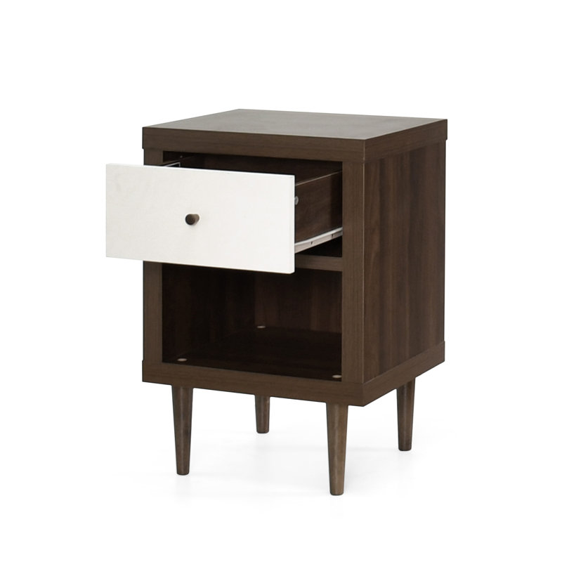 Table de chevet Minie avec 1 tiroir, tablette, blanc moderne et brun noyer, Blanc / brun noyer
