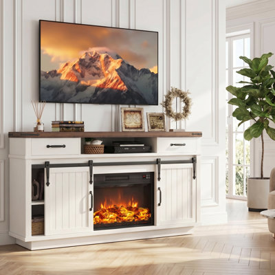 Meuble télé pour téléviseur de 70 po avec foyer, portes de grange coulissantes, lumières DEL et pieds flottants, console multimédia rustique
