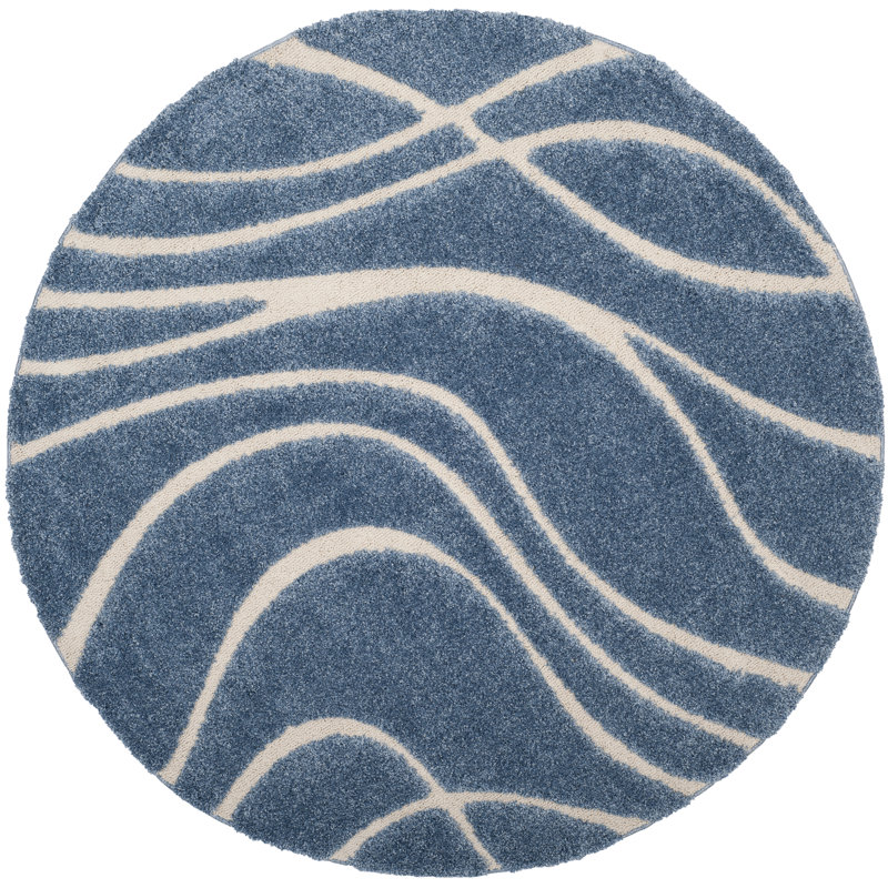 Ashal Abstract Shag Light Blue/Cream Area Rug, Round 8'