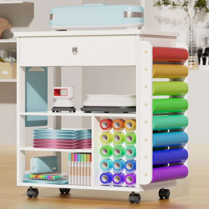 Craft Table Craft Cart Cricut Machine Crafting Cabinet Table for Craft Room, White/Silver