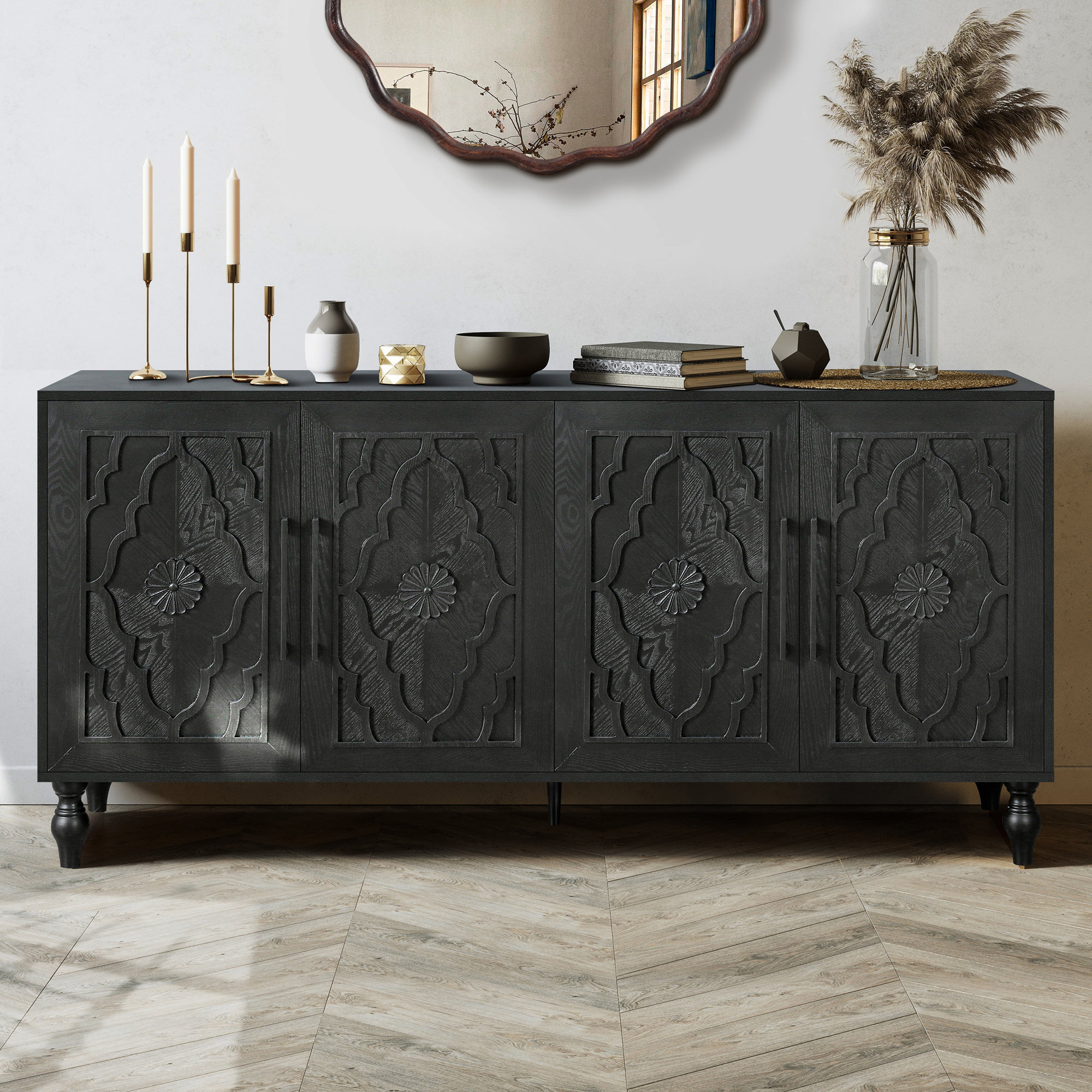 Carved Flower Door Large Storage Cabinet - Black main image 0
