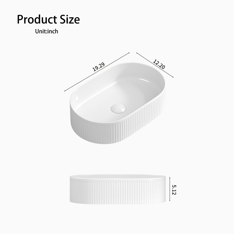 19 In. X 12 In. Ceramic Basin Oval Countertop Bathroom Sink, Modern Vanity Basin