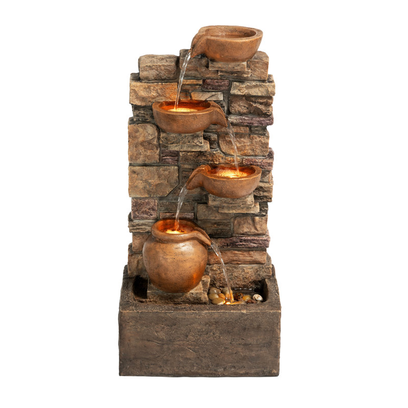 Eshell 8.5" Outdoor Water Fountain With LED Lights, Brown